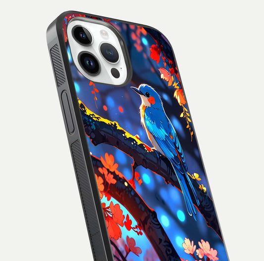 Blooming Spendor Bird Glass Case for iPhone 14 Pro close-up shot highlighting bird design details and glossy shine