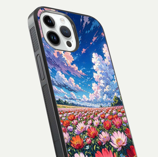 Blossom Sky Field Glass Case for iPhone 14 Pro close-up image showing petal patterns and subtle sky gradient