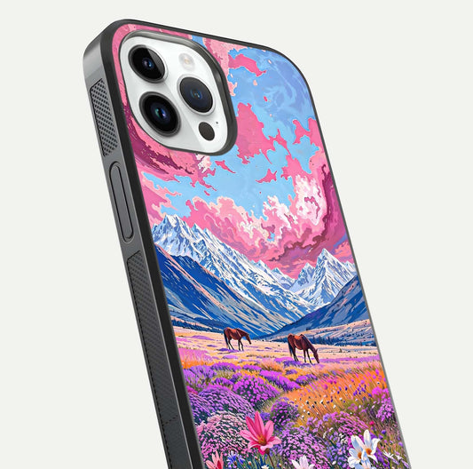 Blossom Valley Dream Glass Case for iPhone 14 Pro close-up view showing detailed flower print and pastel hues