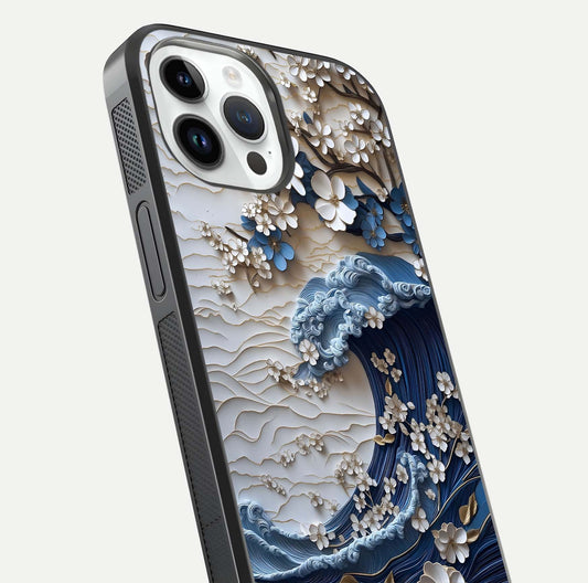 Blossom Wave Art Glass Case for iPhone 14 Pro close-up shot highlighting wave motion in floral art and reflection