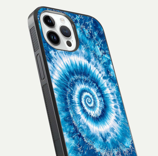 Blue Galaxy Wave Glass Case for iPhone 14 Pro close-up highlighting fluid wave motion and deep-blue reflection