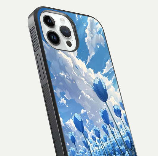 Blue Tulip Clouds Glass Case for iPhone 14 Pro close-up image highlighting tulip petals, clouds, and reflection texture