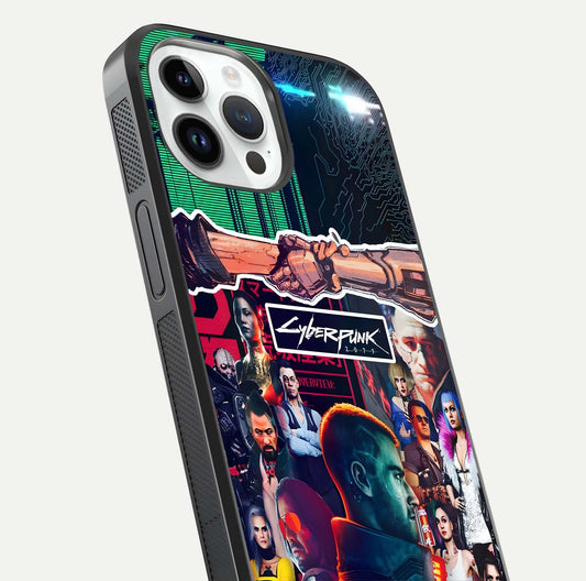 CYBERPUNK Legacy Glass Case for iPhone 14 Pro close-up highlighting circuit texture and reflection tone