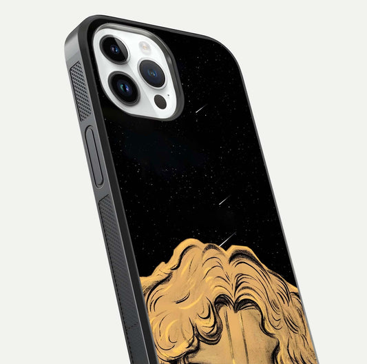 Celestial God’s Plan Glass Case for iPhone 14 Pro close-up angled shot highlighting celestial details and reflection