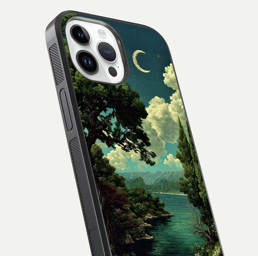 Celestial Lake Peace Glass Case for iPhone 14 Pro close-up highlighting moon reflection and glossy texture