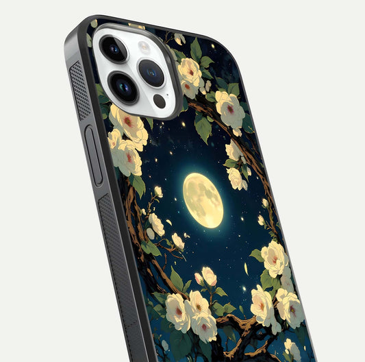 Celestial Moon & Flower Glass Case for iPhone 14 Pro close-up capturing petal reflection and moonlight contrast
