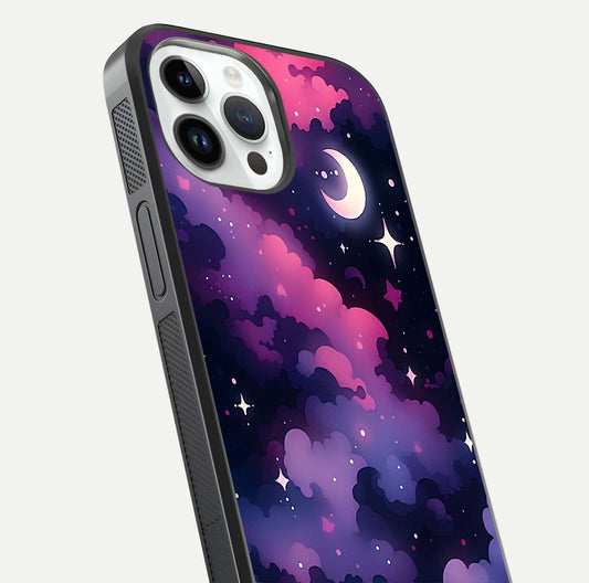 Celestial Moon Magic Glass Case for iPhone 14 Pro close-up view highlighting moon crater detail and glass shine