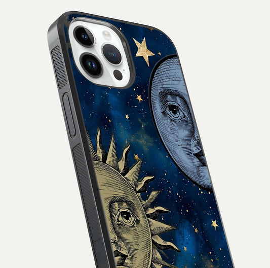Celestial Moon With Sun Glass Case for iPhone 14 Pro close-up highlighting fine celestial detail and polish reflection