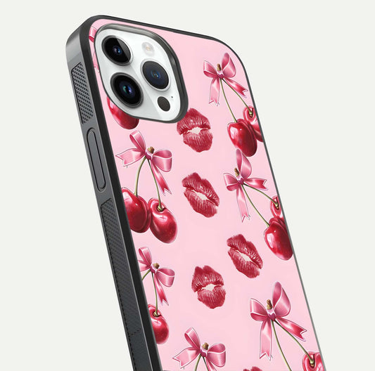 Cherry With Lips Glass Case for iPhone 14 Pro close-up view highlighting lips texture and reflection shine