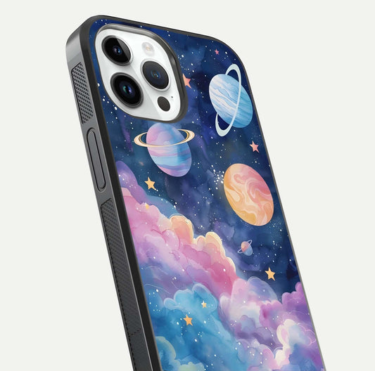 Cosmic Planet Dreams Glass Case for iPhone 14 Pro close-up highlighting planetary details and reflection glow