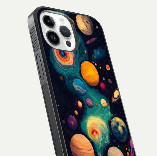Cosmic Planet Journey Glass Case for iPhone 14 Pro close-up highlighting planets, stars, and shine reflection