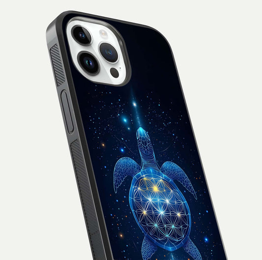 Crimson Blue Turtle Glass Case for iPhone 14 Pro close-up highlighting turtle shell detail and shine reflection