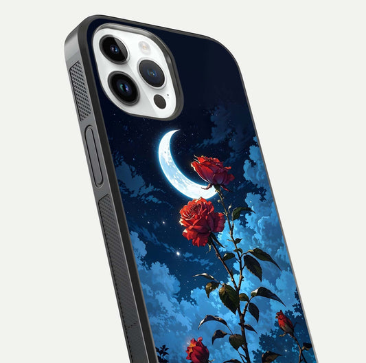 Crimson Rose Moon Glass Case for iPhone 14 Pro close-up showing rose detail and reflection highlight