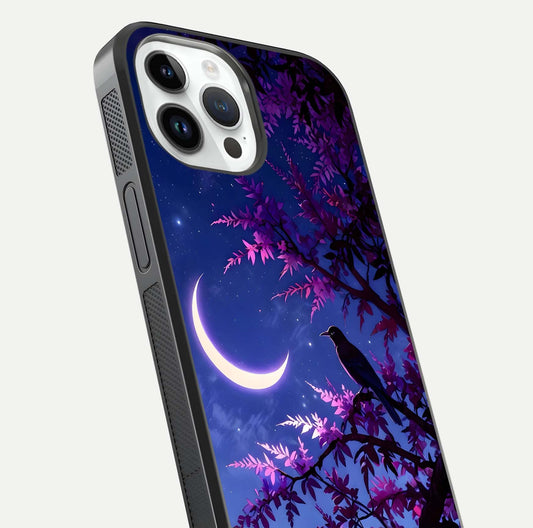 Crow & Moon Scenery Glass Case for iPhone 14 Pro close-up highlighting moon detail, dark tones, and glass reflection