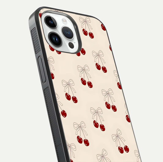 Cute Cherry Pattern Glass Case for iPhone 14 Pro close-up showing cherry cluster details and light reflection