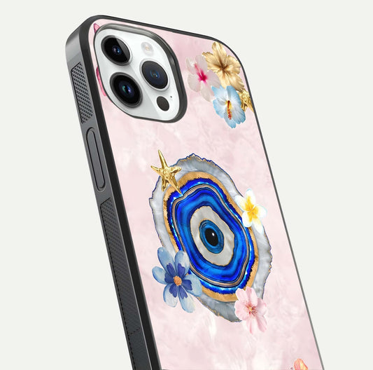 Divine Aura Bloom Glass Case for iPhone 14 Pro close-up highlighting flower glow and reflection tone