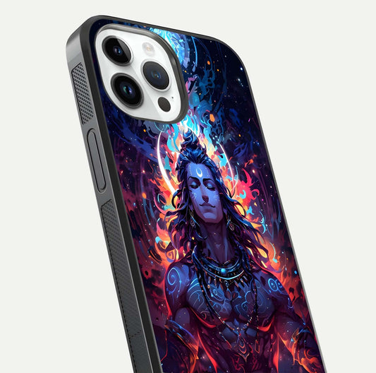 Divine Fire Shiv Glass Case for iPhone 14 Pro close-up highlighting divine detailing and reflection depth