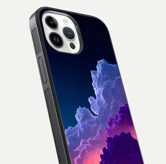 Dreamy Cloud Skies Glass Case for iPhone 14 Pro close-up highlighting soft gradient tones and reflection glow