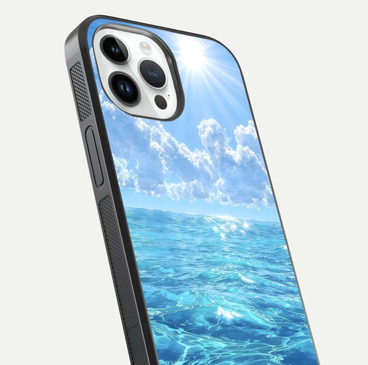 Endless Ocean Horizon Glass Case for iPhone 14 Pro close-up highlighting water texture and reflection shine