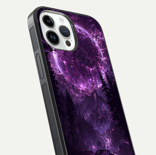 Eternal Cosmic Drive Glass Case for iPhone 14 Pro close-up highlighting cosmic lights and reflection depth
