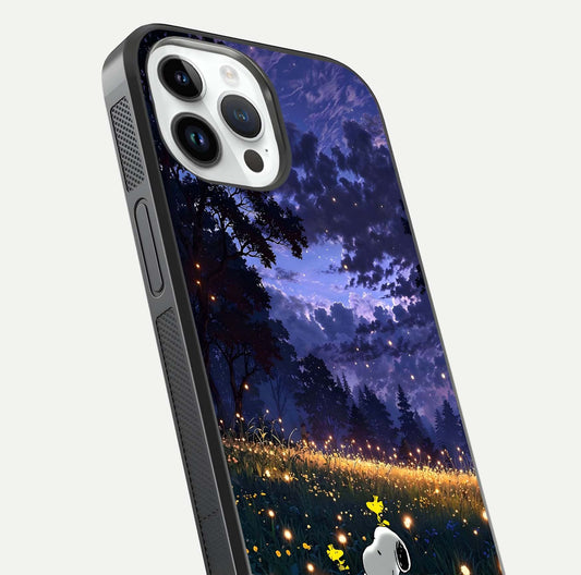 Firefly Meadow Magic Glass Case for iPhone 14 Pro close-up highlighting luminous firefly light and reflection detail