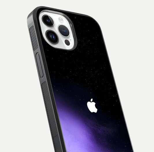 Galaxy Apple Aura Glass Case for iPhone 14 Pro close-up angled shot showing aura lighting and reflection polish