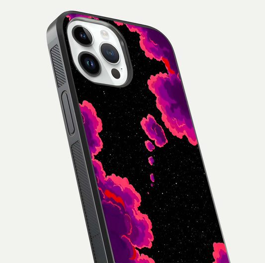 Galaxy Dream Frame Glass Case for iPhone 14 Pro close-up angled shot showing nebula patterns and reflection glow