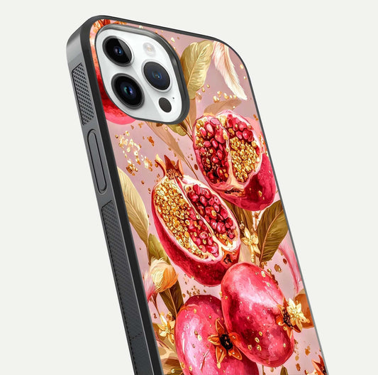 Golden Bloom Glow Glass Case for iPhone 14 Pro close-up angled shot showing metallic tones and reflection brilliance