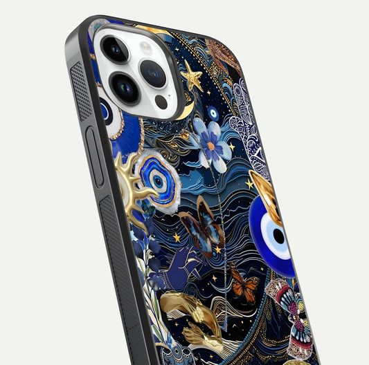 Golden Moon Magic Glass Case for iPhone 14 Pro close-up angled shot showing lunar glow, star detail, and reflection brightness