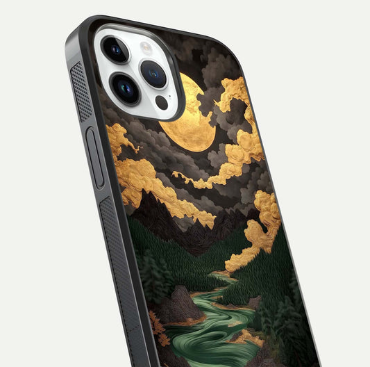 Golden River Moon Glass Case for iPhone 14 Pro close-up angled shot showing moon reflection and water shine