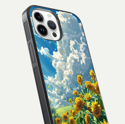 Golden Sun Glory Glass Case for iPhone 14 Pro close-up angled shot showing sunlight reflection and gold detailing