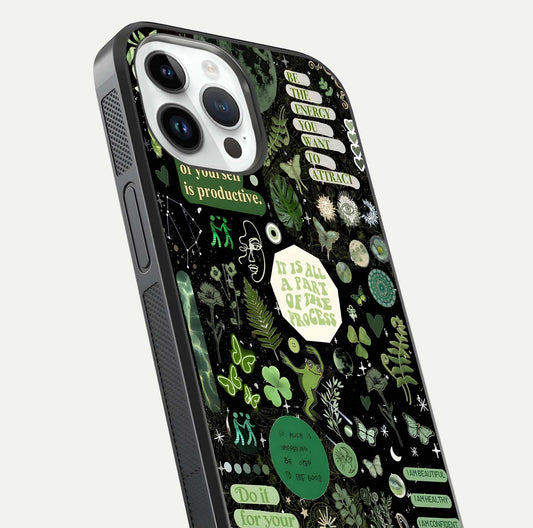 Green Moon Energy Glass Case for iPhone 14 Pro close-up angled shot showing glowing lunar detail and reflection shine