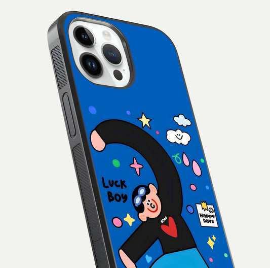 Happy Luck Vibe Glass Case for iPhone 14 Pro close-up angled shot showing color details and reflection shine