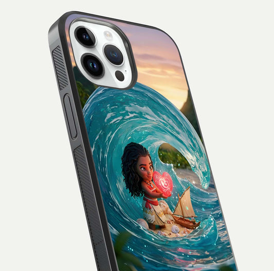 Heart of Ocean Glass Case for iPhone 14 Pro close-up angled shot showing blue tones and reflection shine