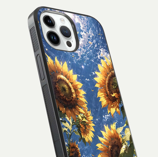 Heavenly Sunflower Rise Glass Case for iPhone 14 Pro close-up angled shot showing sunflower texture and reflection polish