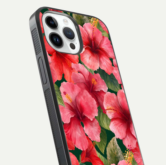 Hibiscus Pattern Glass Case for iPhone 14 Pro close-up angled shot showing flower details and gloss reflection