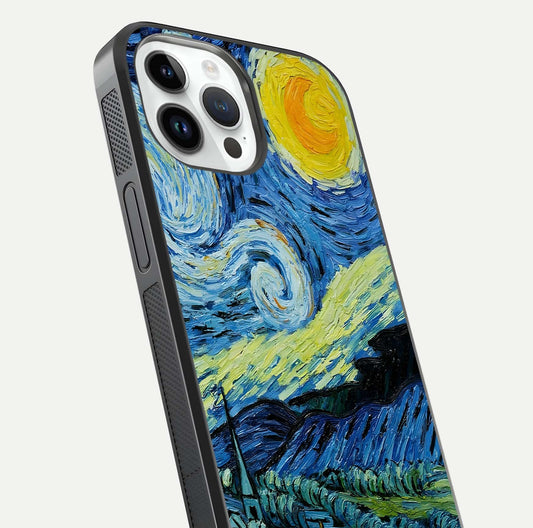 Inspired Van Gogh Art Glass Case for iPhone 14 Pro close-up angled shot showing brushstroke texture and shine detail