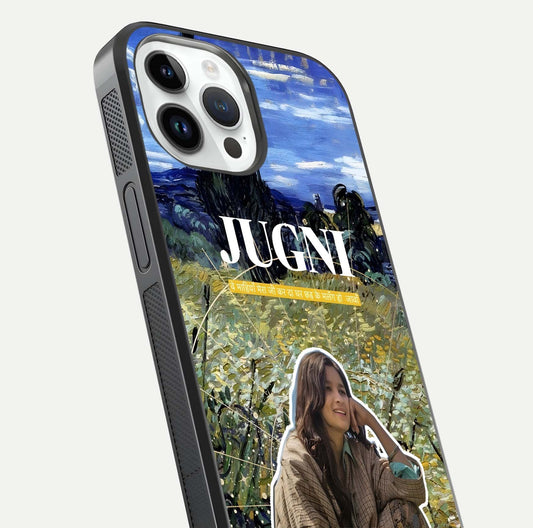 Jugni Soul Vibes Glass Case for iPhone 14 Pro close-up angled shot showing typography detail and vibrant gloss reflection