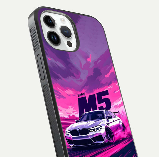 MS Neon Car Glass Case for iPhone 14 Pro close-up angled shot showing vivid neon reflections and shine