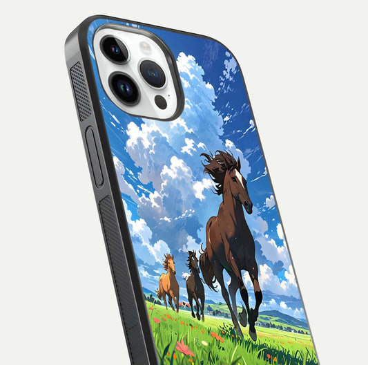 Majestic Horses Galloping Glass Case for iPhone 14 Pro close-up angled shot showing horse motion and reflection
