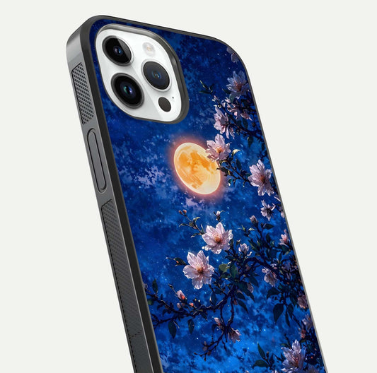 Moonlit Blossoms Night Glass Case for iPhone 14 Pro close-up angled shot showing petal glow and reflection detail