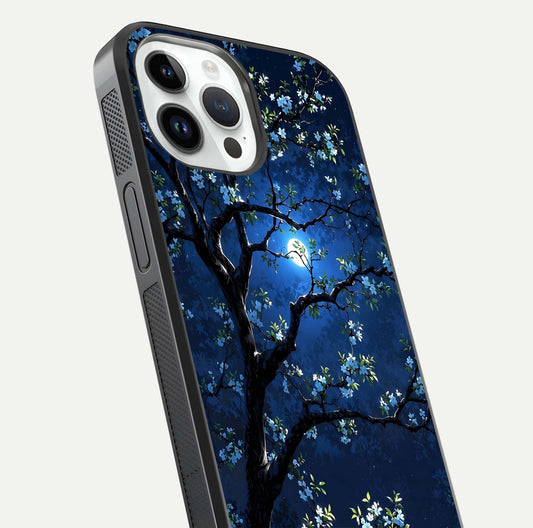 Mystic Floral Night Glass Case for iPhone 14 Pro close-up angled shot highlighting petal detail and HD reflection