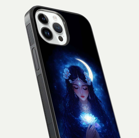 Mystic Moon Queen Glass Case for iPhone 14 Pro close-up angled shot showing shine and lunar tones