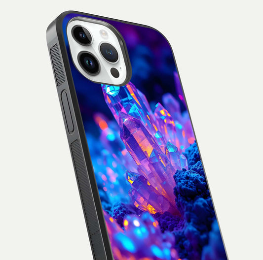 Neon Aura Shards Glass Case for iPhone 14 Pro close-up angled shot highlighting fragment pattern and reflection