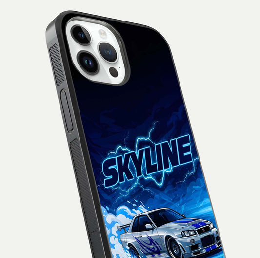 Neon Drift Beast Glass Case for iPhone 14 Pro close-up angled shot highlighting glowing streaks and vivid reflection