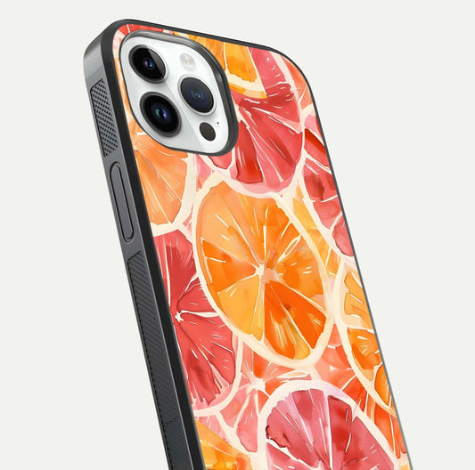 Orange Fruits Pattern Glass Case for iPhone 14 Pro close-up angled shot showing juicy fruit texture and reflection