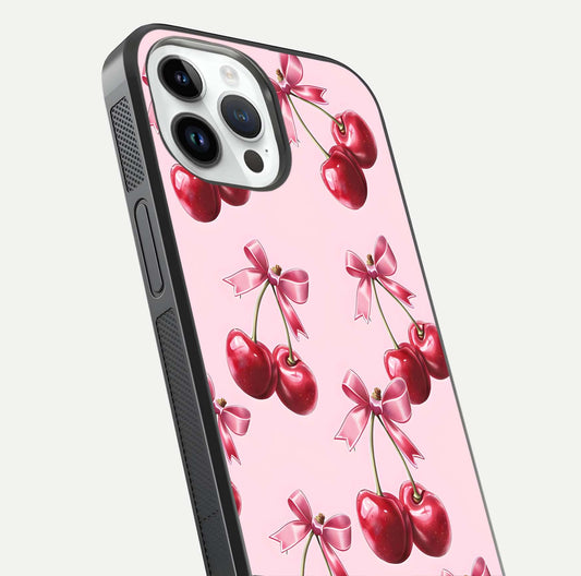 Red Cherries Pattern Glass Case For iPhone 14 Pro