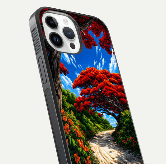 Red Trees Pathway Glass Case For iPhone 14 Pro