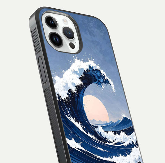 Rising Tide Power Glass Case for iPhone 14 Pro close-up angled shot highlighting water motion and reflection