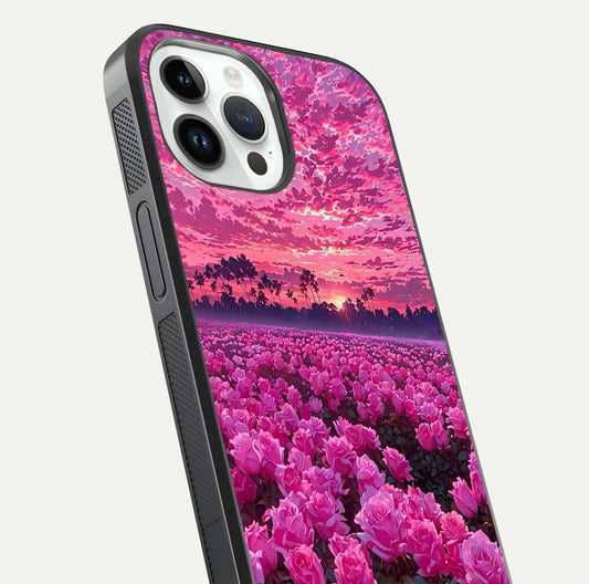 Rose Sunset Valley Glass Case for iPhone 14 Pro close-up angled shot showing rose detailing and golden hues